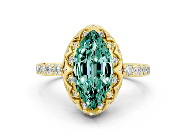 Yellow gold Marquise Cut Diamond Solitaire Ring with Shared Prong Pavé Band