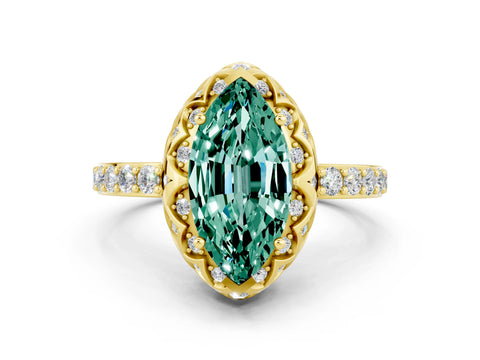 Yellow gold Marquise Cut Diamond Solitaire Ring with Shared Prong Pavé Band