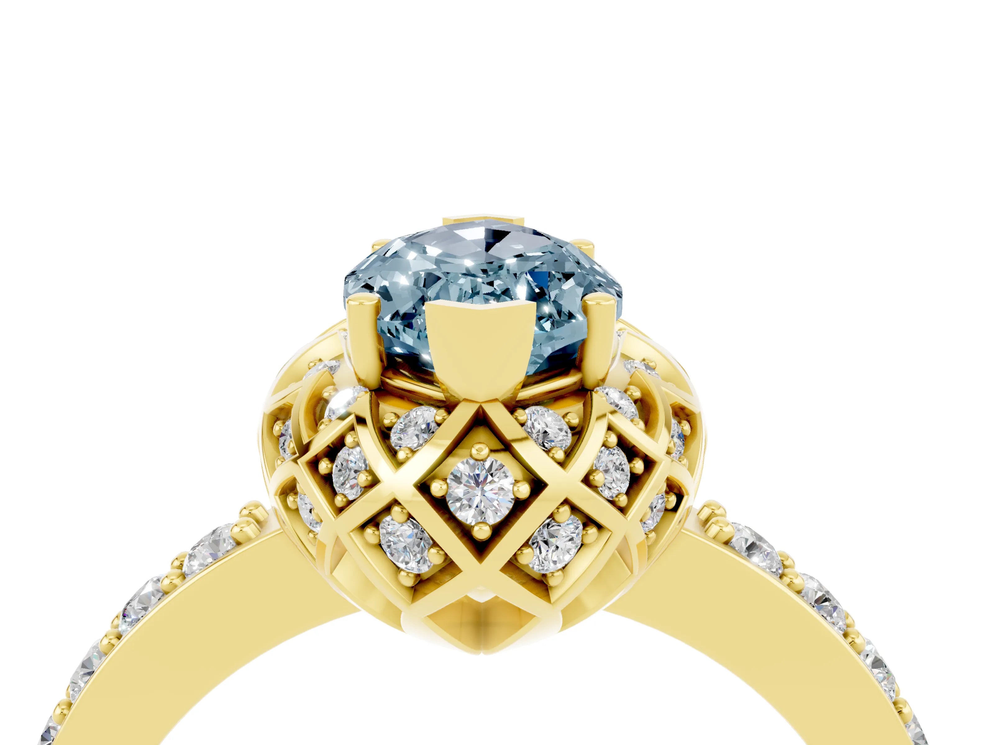 Yellow gold Marquise Cut Diamond Solitaire Ring with Shared Prong Pavé Band_4