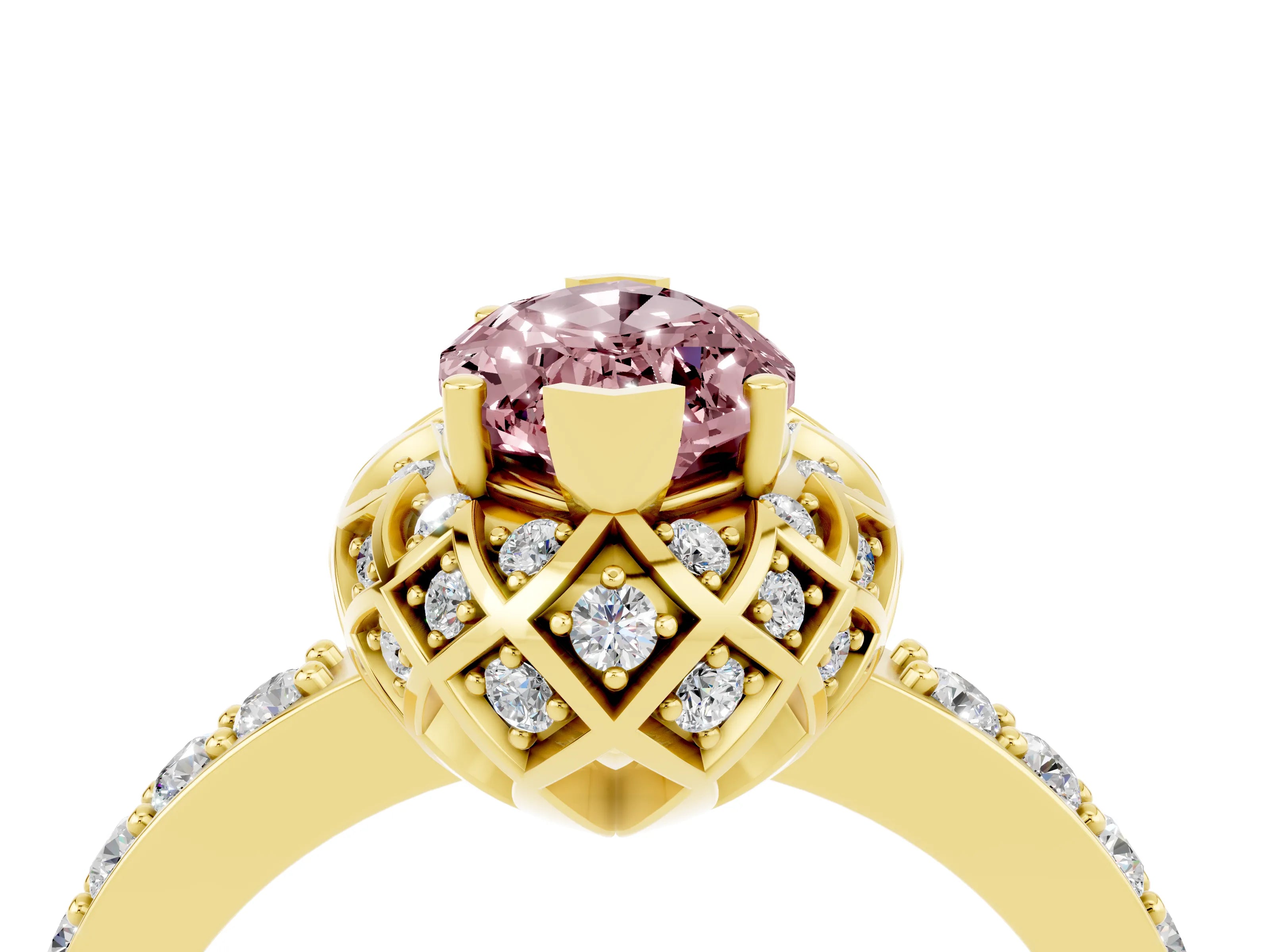 Yellow gold Marquise Cut Diamond Solitaire Ring with Shared Prong Pavé Band_4