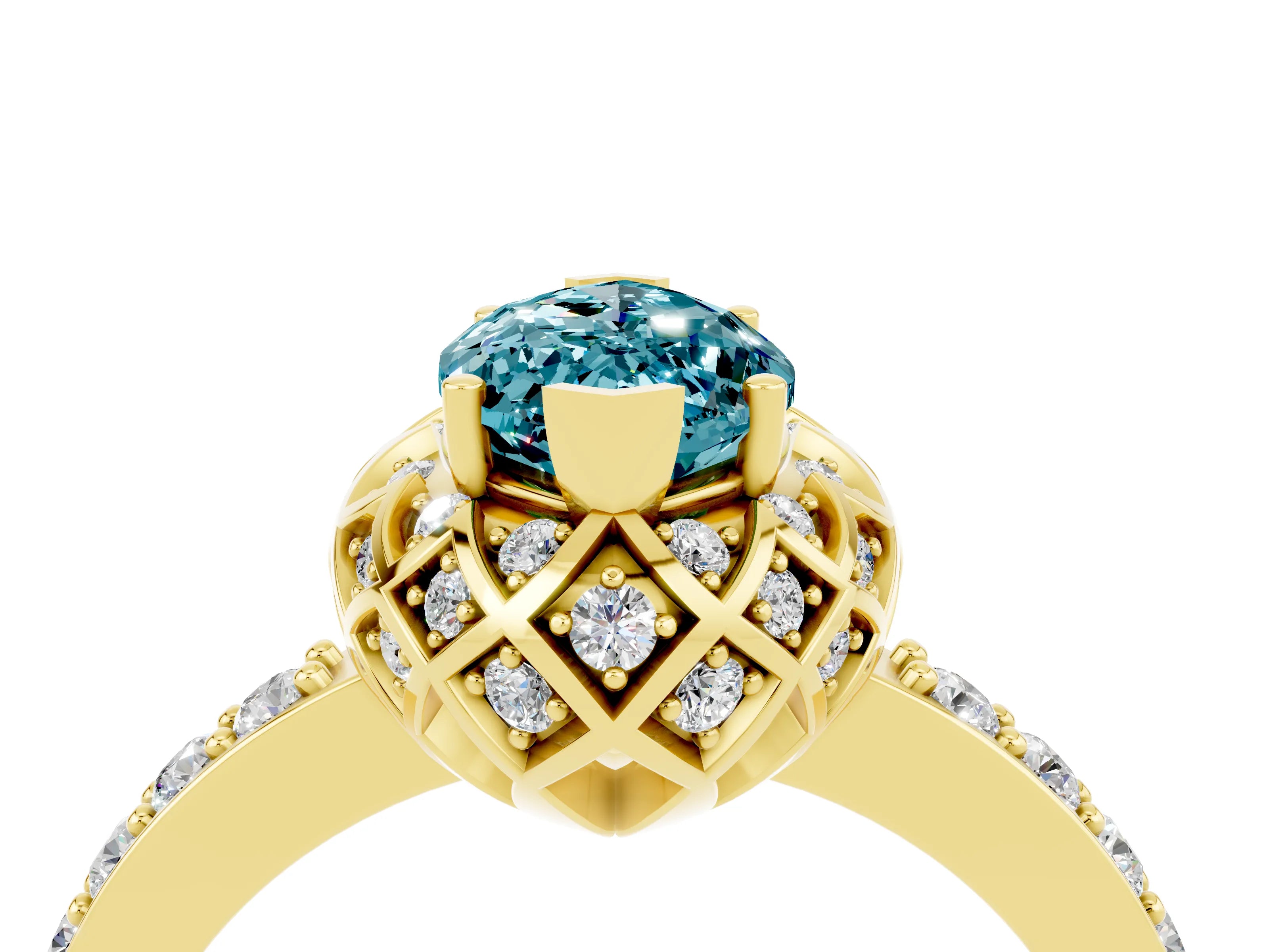 Yellow gold Marquise Cut Diamond Solitaire Ring with Shared Prong Pavé Band_4