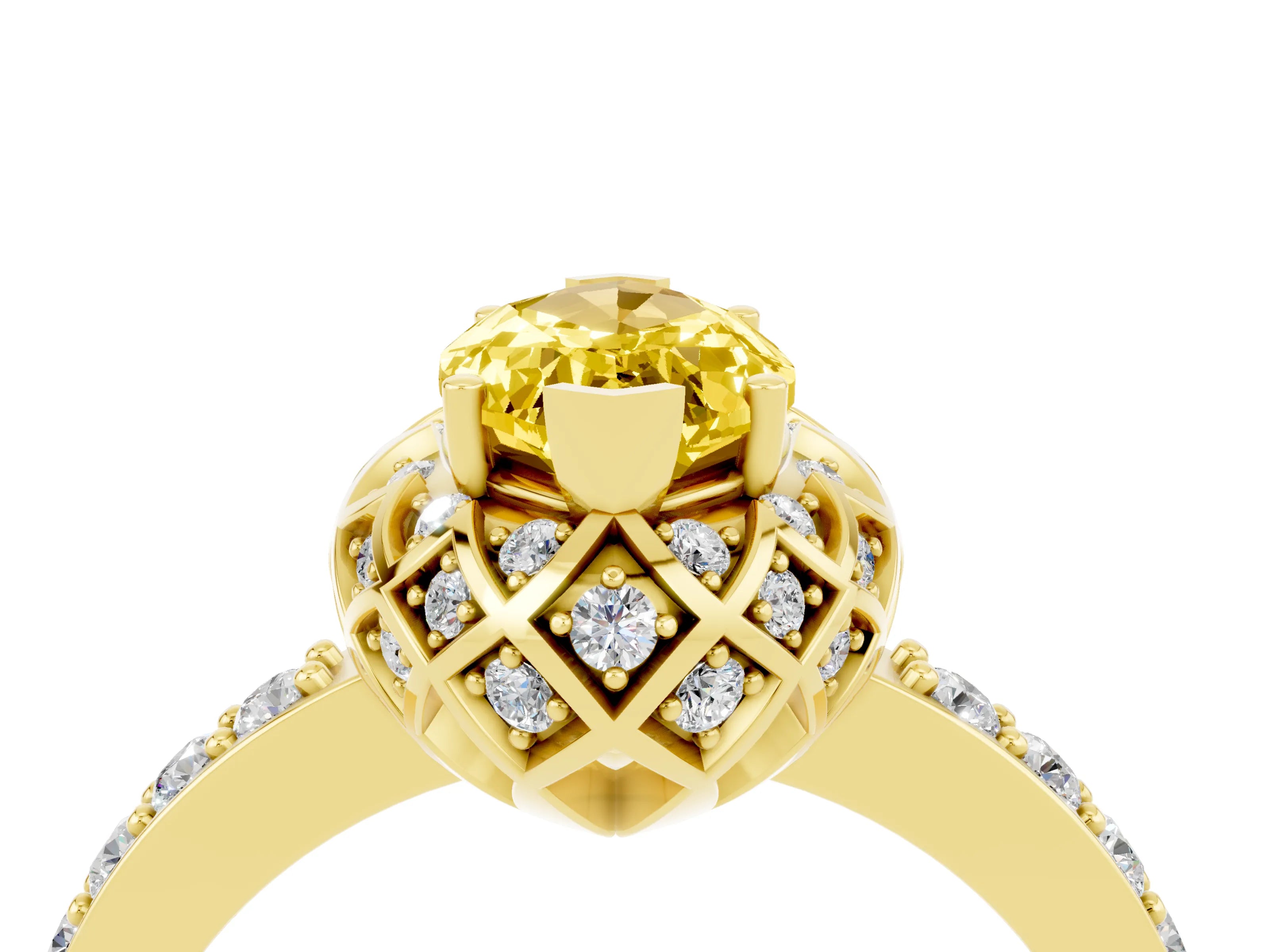 Yellow gold Marquise Cut Diamond Solitaire Ring with Shared Prong Pavé Band_4