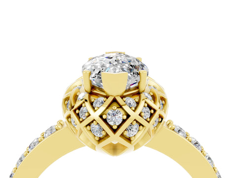 Yellow gold Marquise Cut Diamond Solitaire Ring with Shared Prong Pavé Band_4