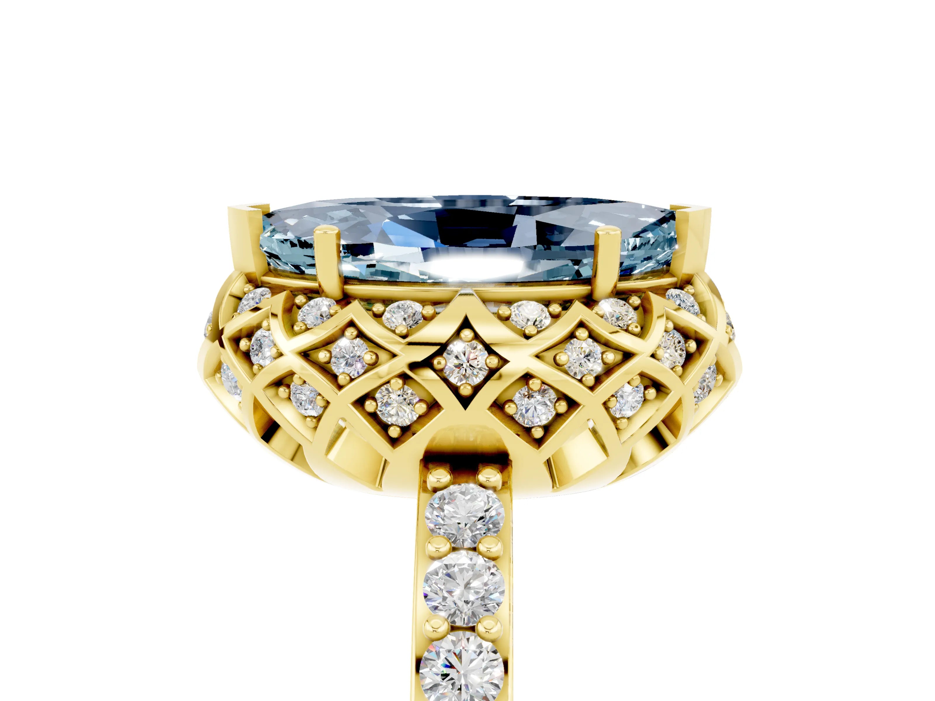 Yellow gold Marquise Cut Diamond Solitaire Ring with Shared Prong Pavé Band_5