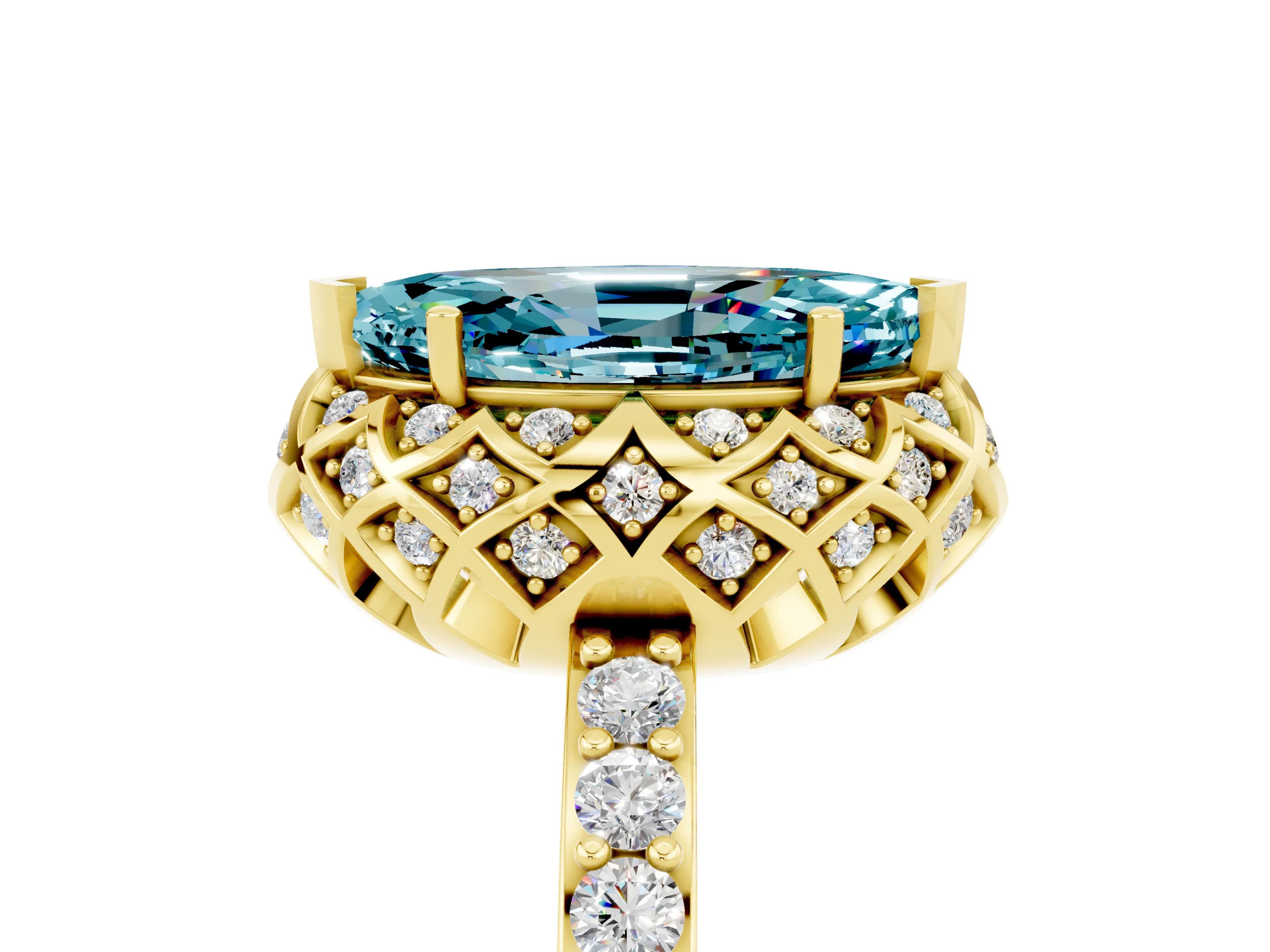 Yellow gold Marquise Cut Diamond Solitaire Ring with Shared Prong Pavé Band_5