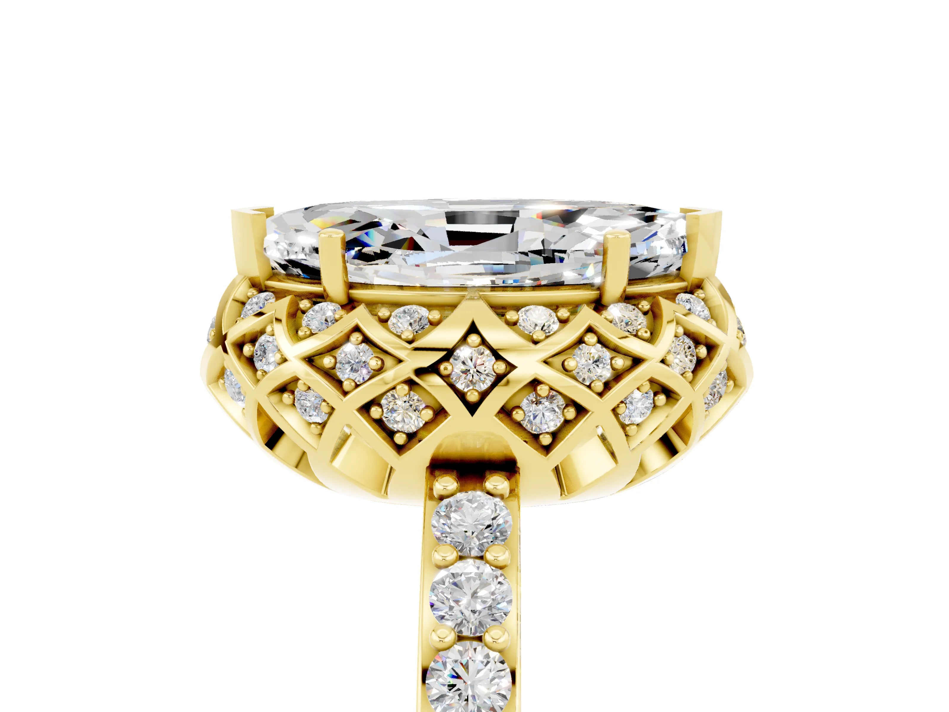 Yellow gold Marquise Cut Diamond Solitaire Ring with Shared Prong Pavé Band_5