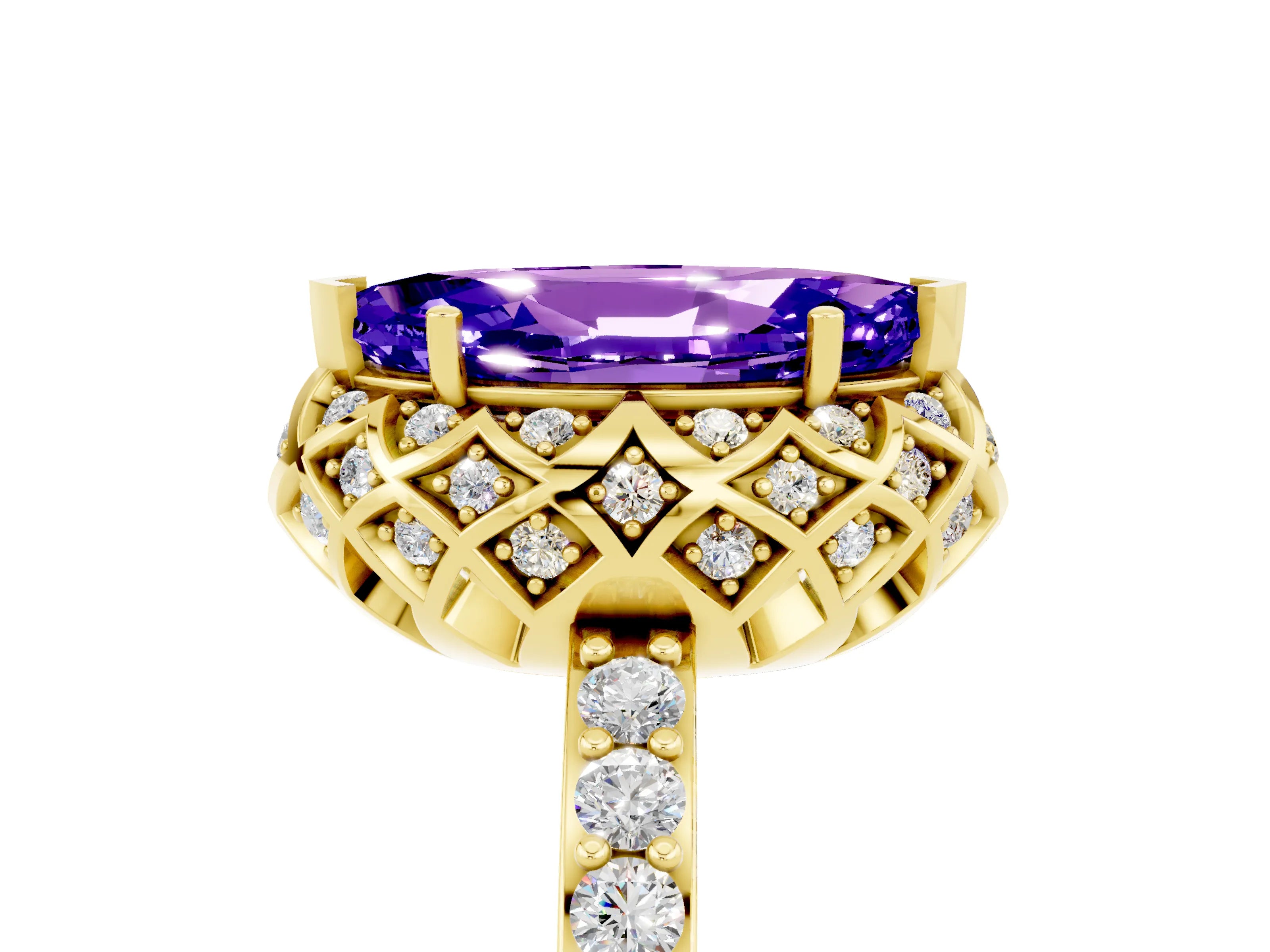 Yellow gold Marquise Cut Diamond Solitaire Ring with Shared Prong Pavé Band_5