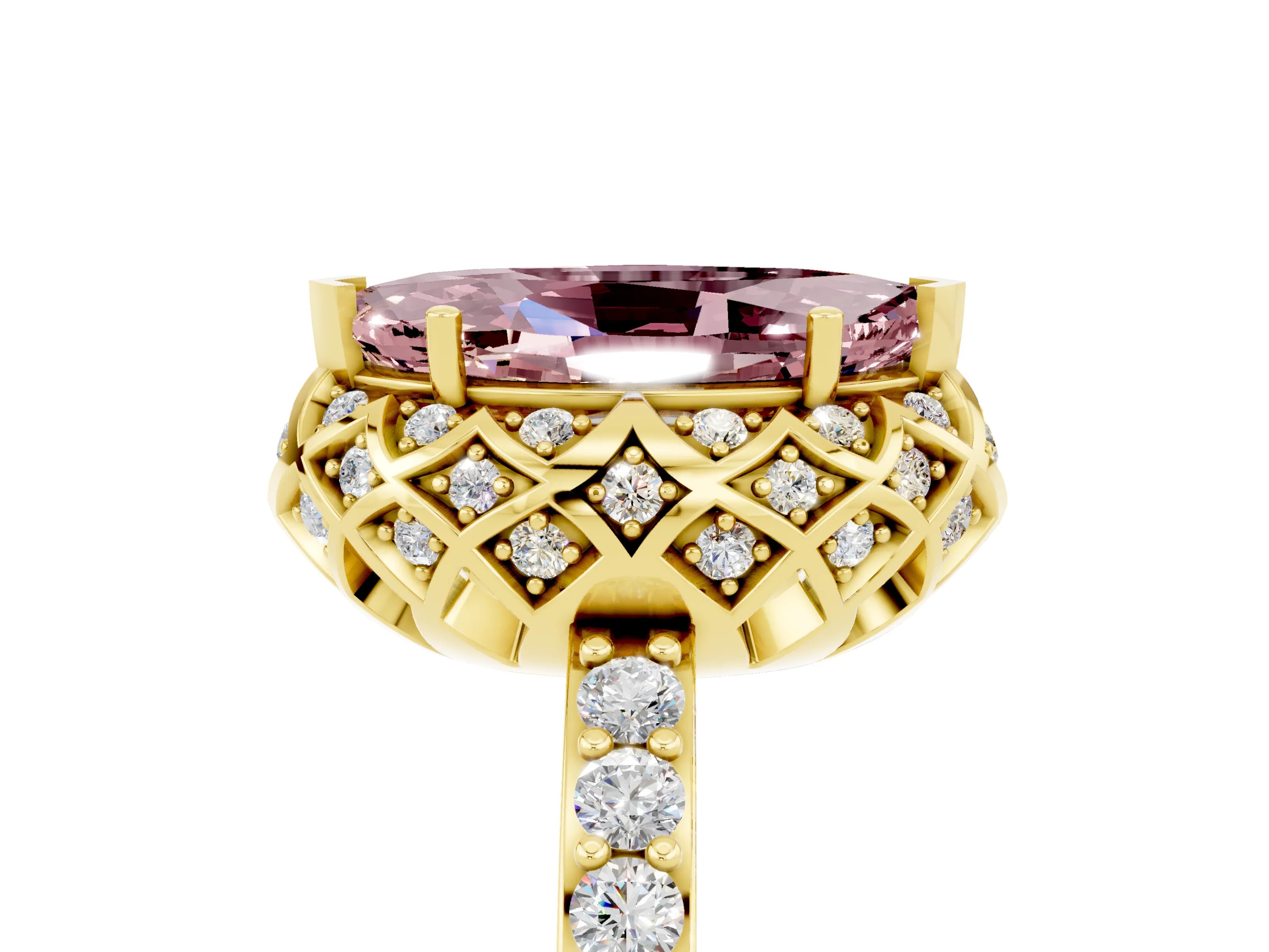 Yellow gold Marquise Cut Diamond Solitaire Ring with Shared Prong Pavé Band_5