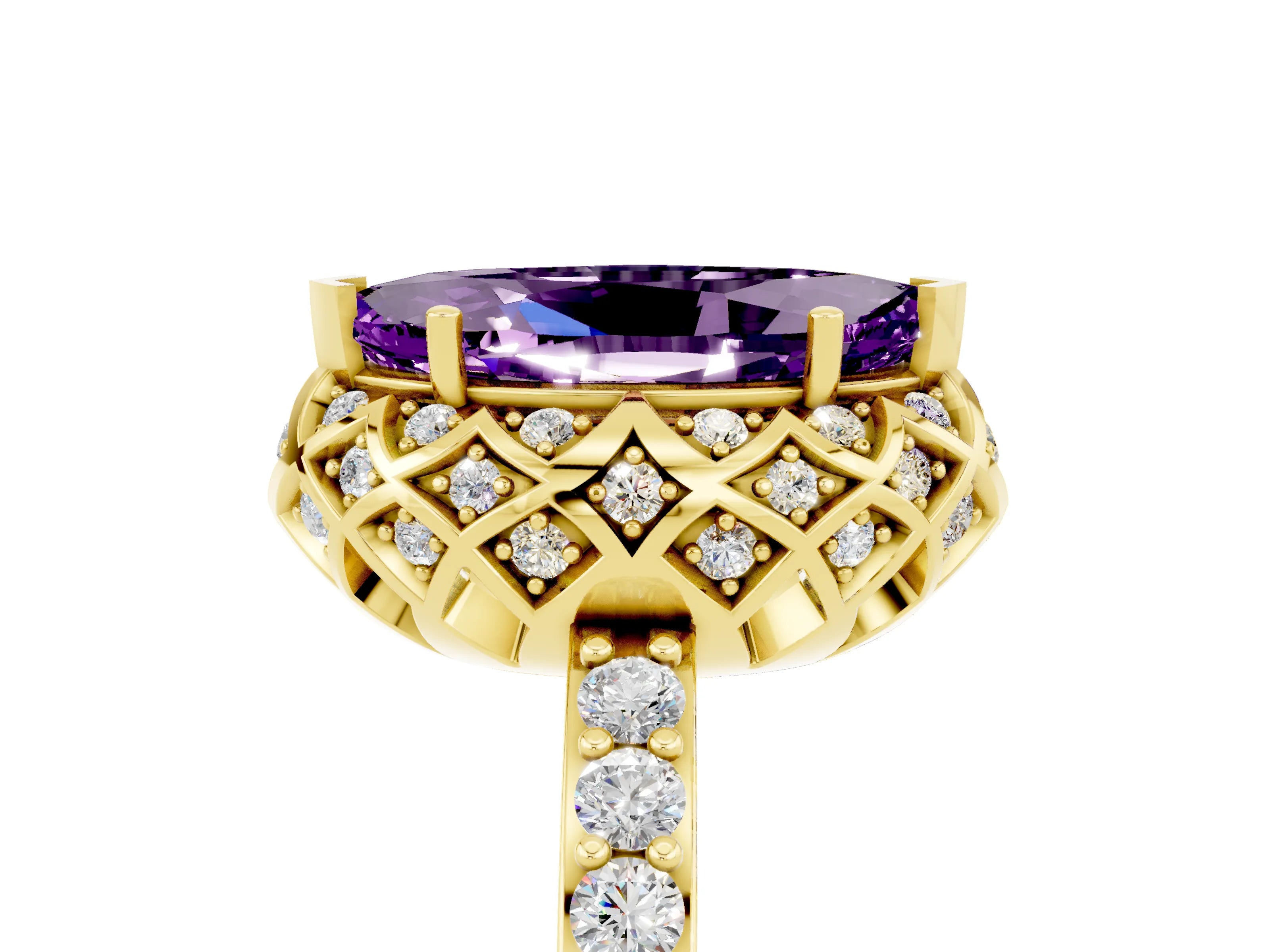 Yellow gold Marquise Cut Diamond Solitaire Ring with Shared Prong Pavé Band_5
