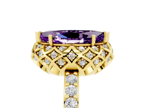 Yellow gold Marquise Cut Diamond Solitaire Ring with Shared Prong Pavé Band_5