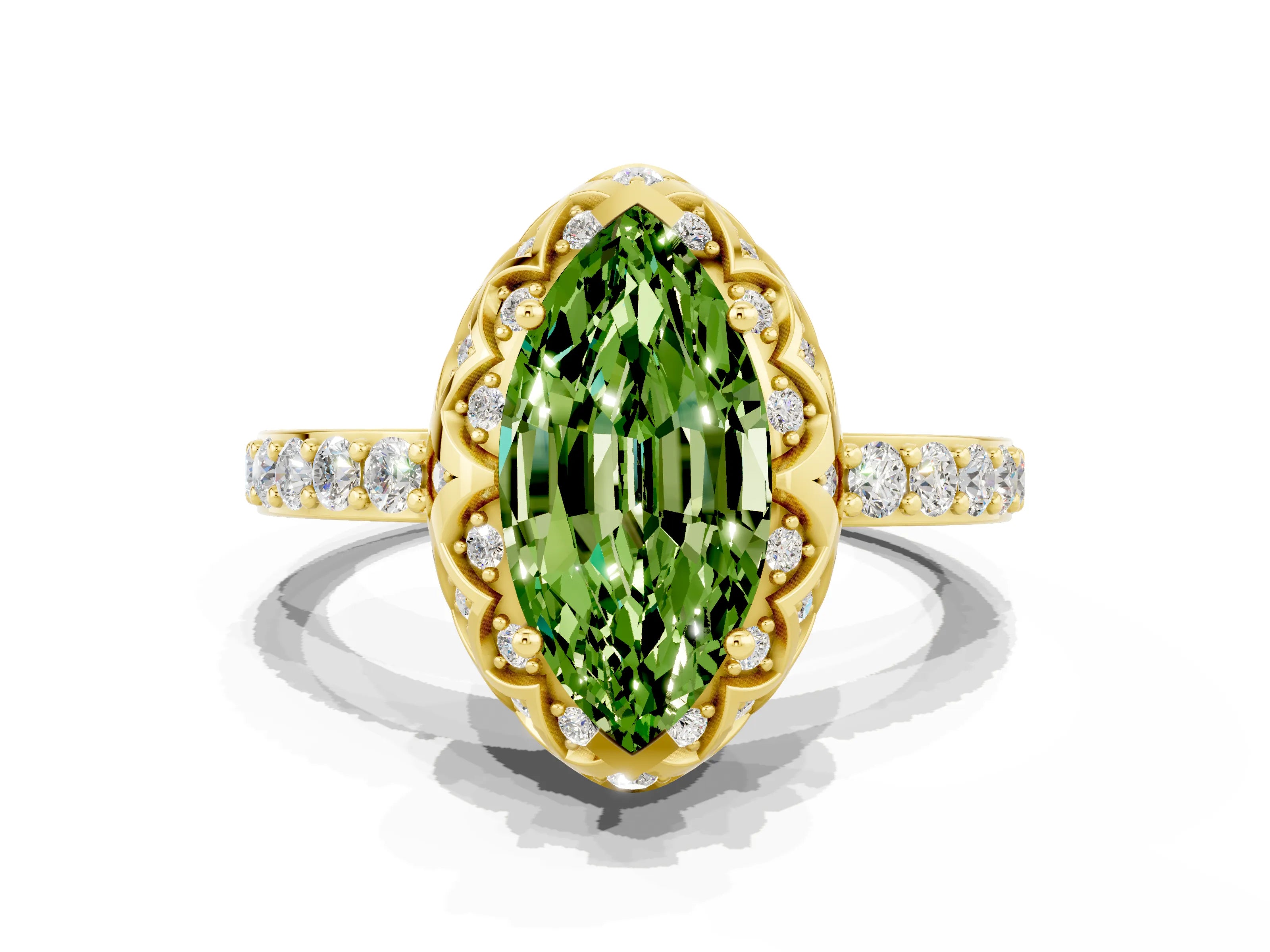 Yellow gold Marquise Cut Diamond Solitaire Ring with Shared Prong Pavé Band
