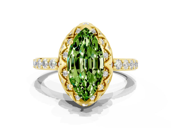 Yellow gold Marquise Cut Diamond Solitaire Ring with Shared Prong Pavé Band