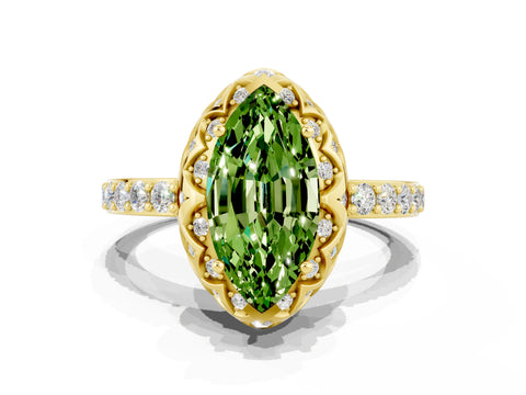 Yellow gold Marquise Cut Diamond Solitaire Ring with Shared Prong Pavé Band