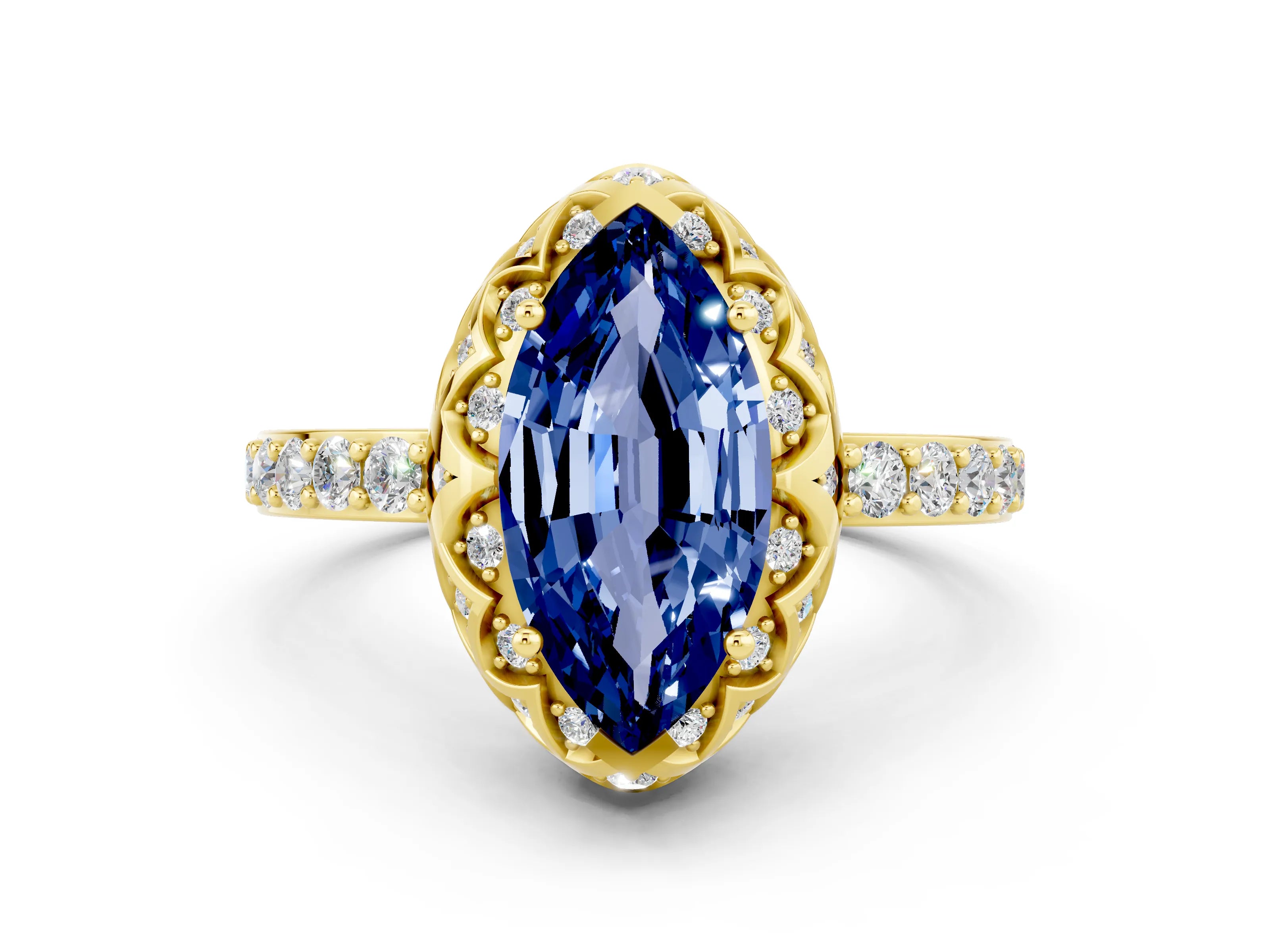 Yellow gold Marquise Cut Diamond Solitaire Ring with Shared Prong Pavé Band