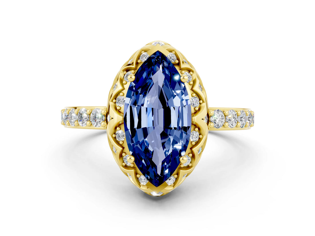 Yellow gold Marquise Cut Diamond Solitaire Ring with Shared Prong Pavé Band