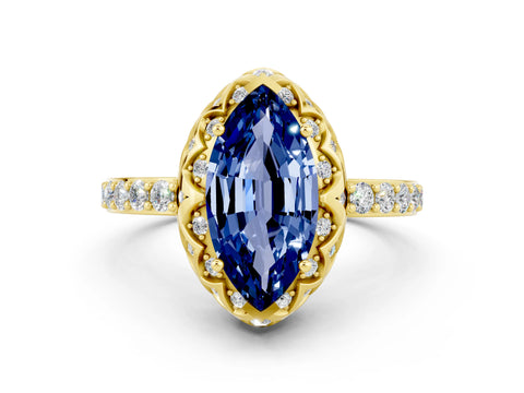 Yellow gold Marquise Cut Diamond Solitaire Ring with Shared Prong Pavé Band