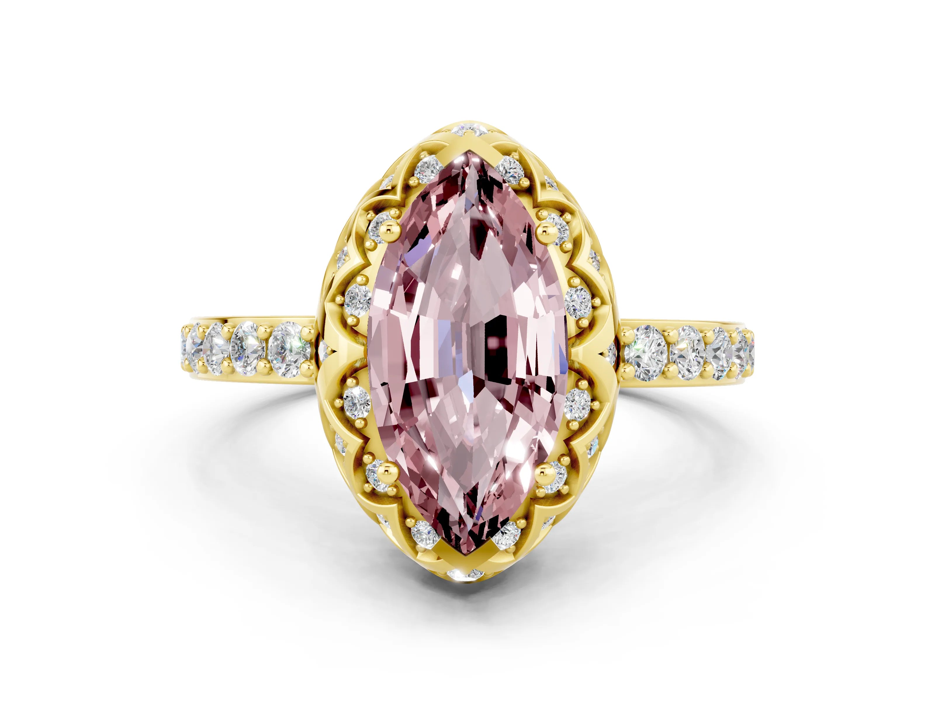 Yellow gold Marquise Cut Diamond Solitaire Ring with Shared Prong Pavé Band