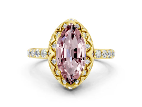 Yellow gold Marquise Cut Diamond Solitaire Ring with Shared Prong Pavé Band
