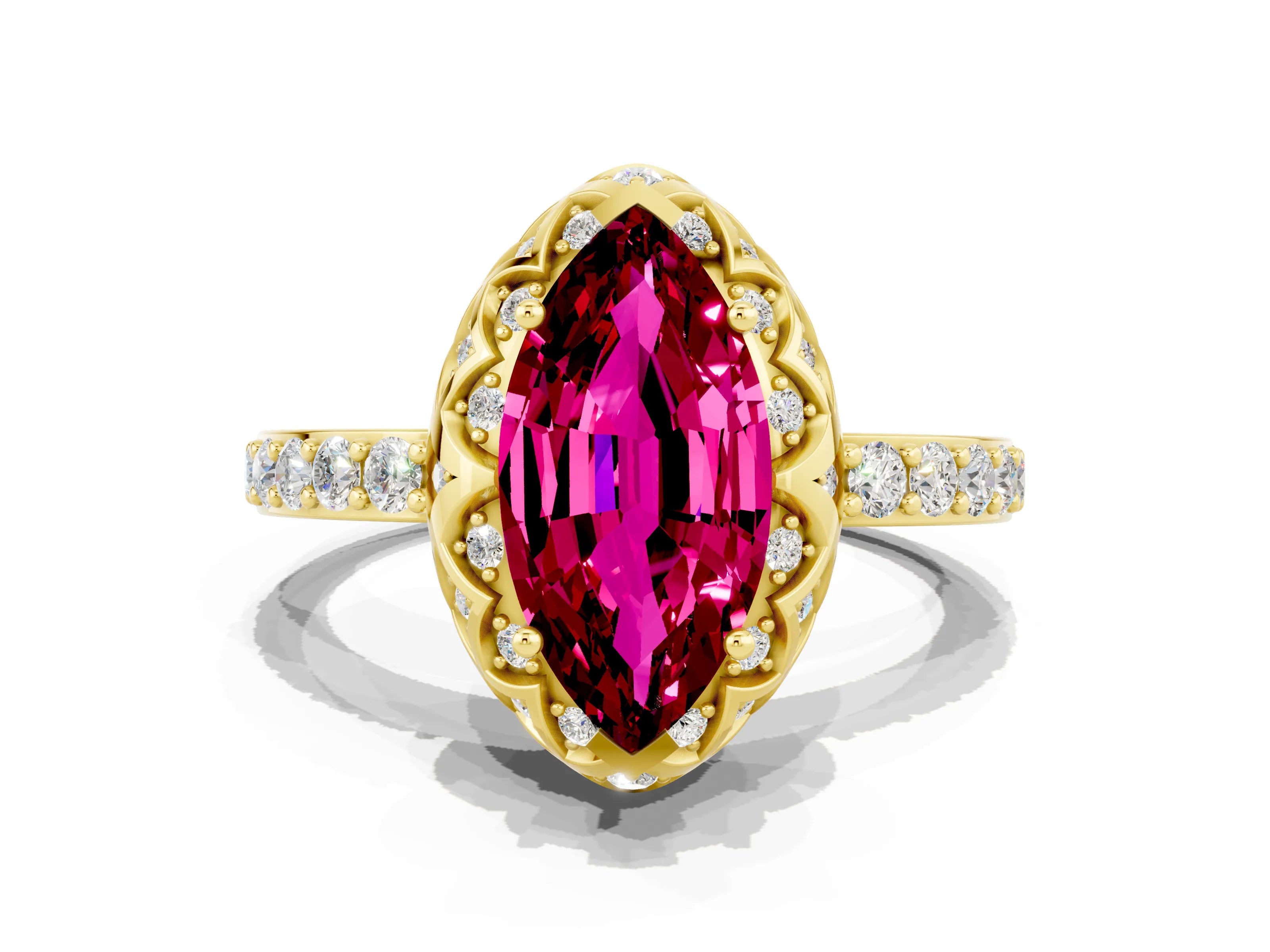 Yellow gold Marquise Cut Diamond Solitaire Ring with Shared Prong Pavé Band