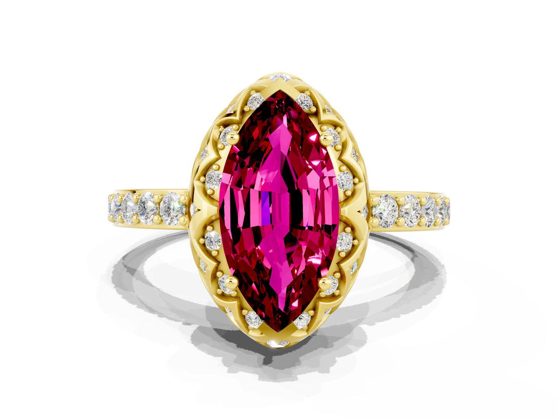 Yellow gold Marquise Cut Diamond Solitaire Ring with Shared Prong Pavé Band