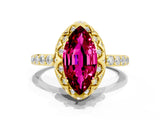 Yellow gold Marquise Cut Diamond Solitaire Ring with Shared Prong Pavé Band