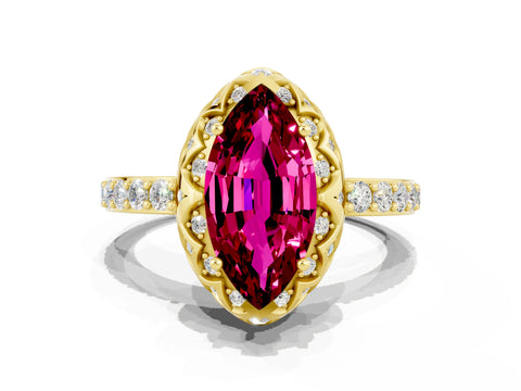 Yellow gold Marquise Cut Diamond Solitaire Ring with Shared Prong Pavé Band