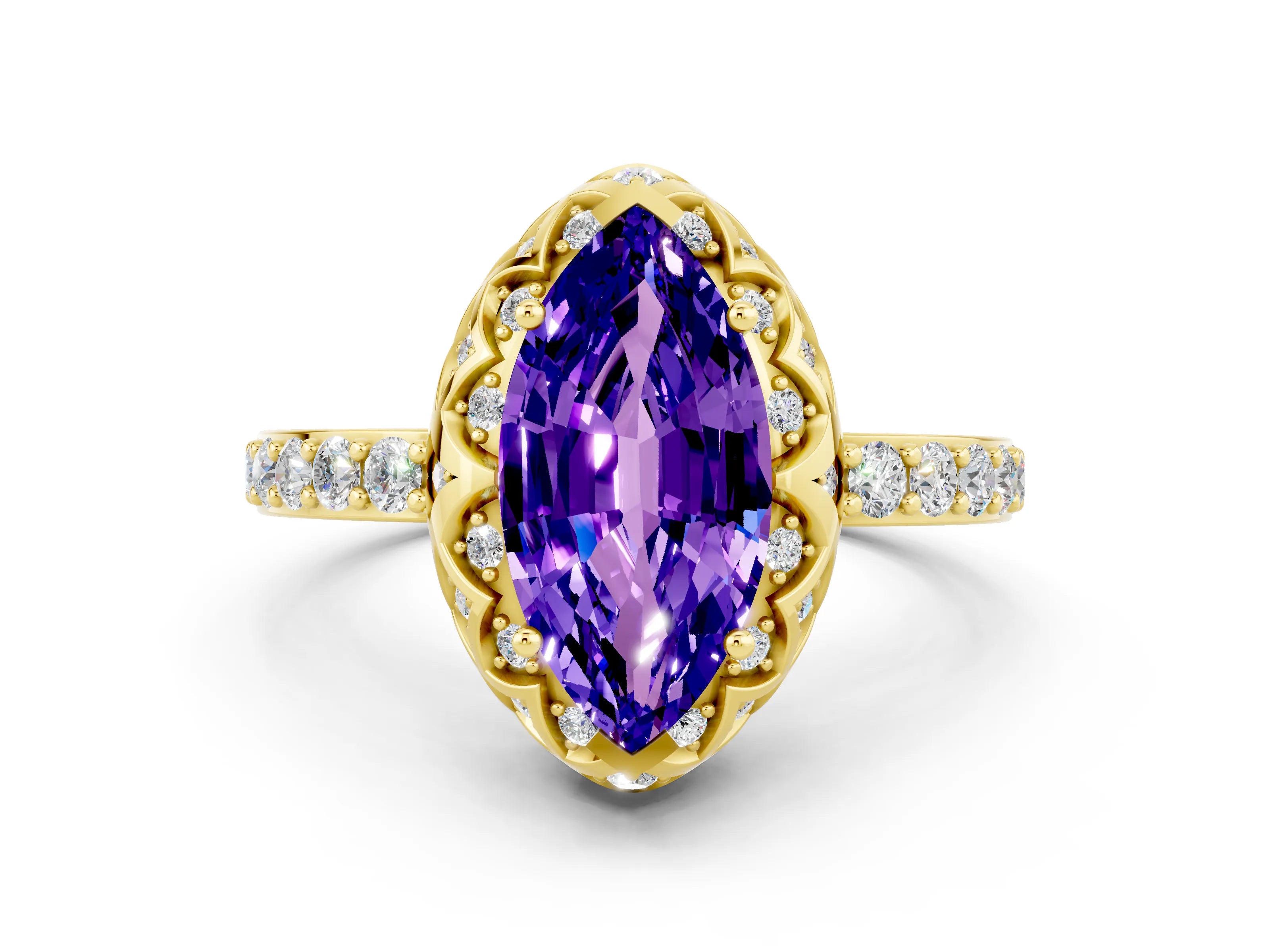 Yellow gold Marquise Cut Diamond Solitaire Ring with Shared Prong Pavé Band