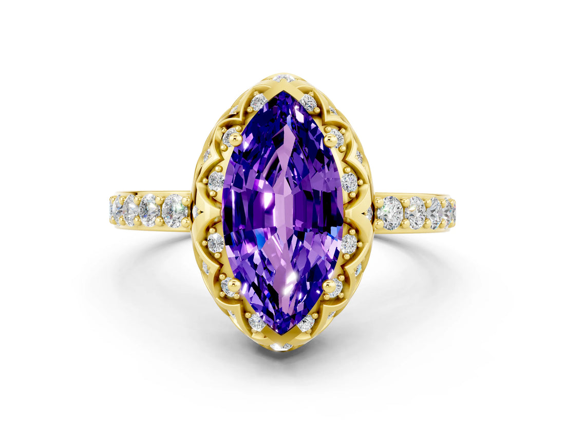 Yellow gold Marquise Cut Diamond Solitaire Ring with Shared Prong Pavé Band