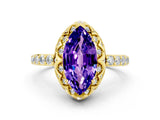 Yellow gold Marquise Cut Diamond Solitaire Ring with Shared Prong Pavé Band