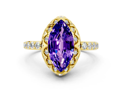Yellow gold Marquise Cut Diamond Solitaire Ring with Shared Prong Pavé Band