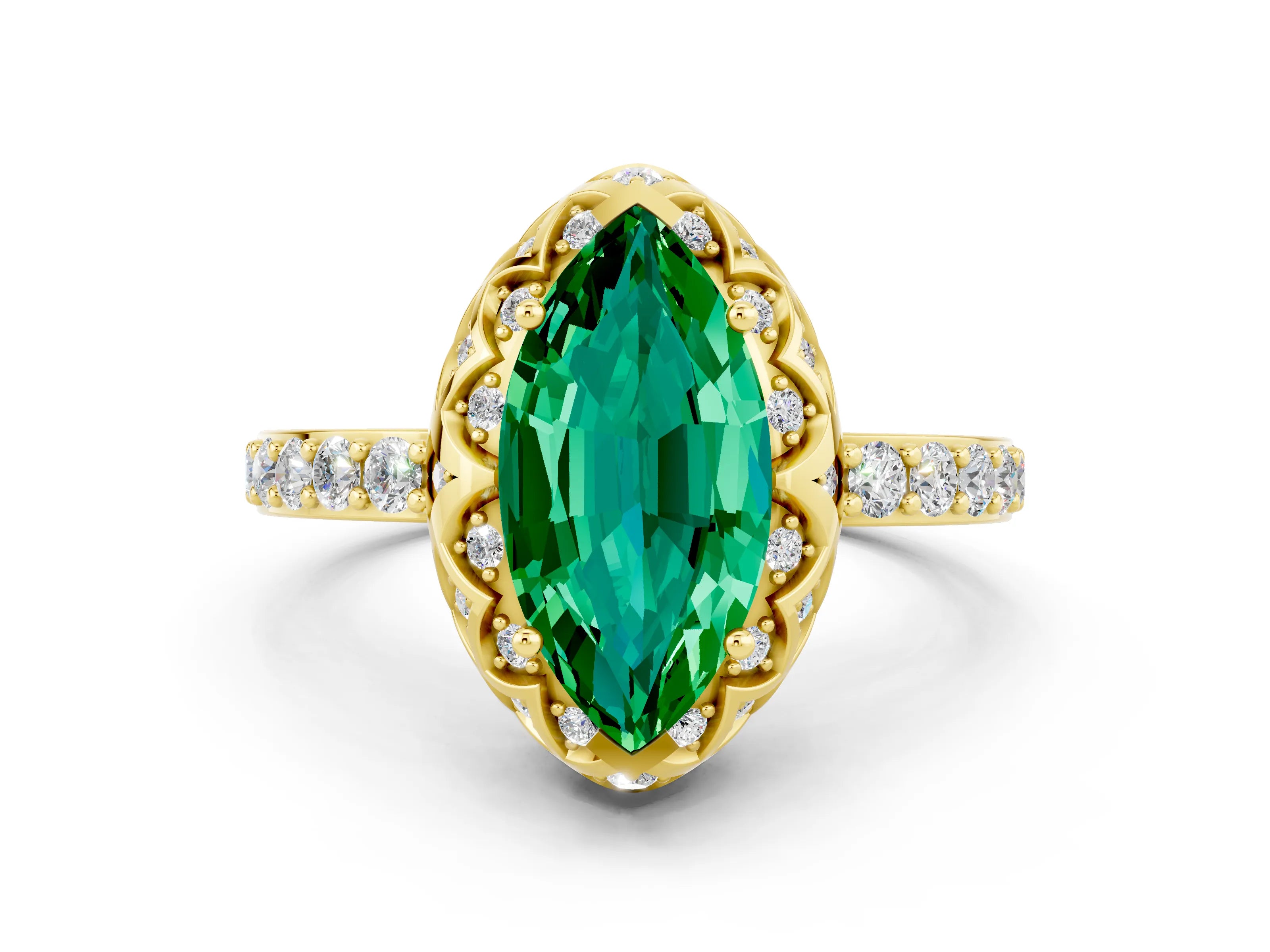 Yellow gold Marquise Cut Diamond Solitaire Ring with Shared Prong Pavé Band