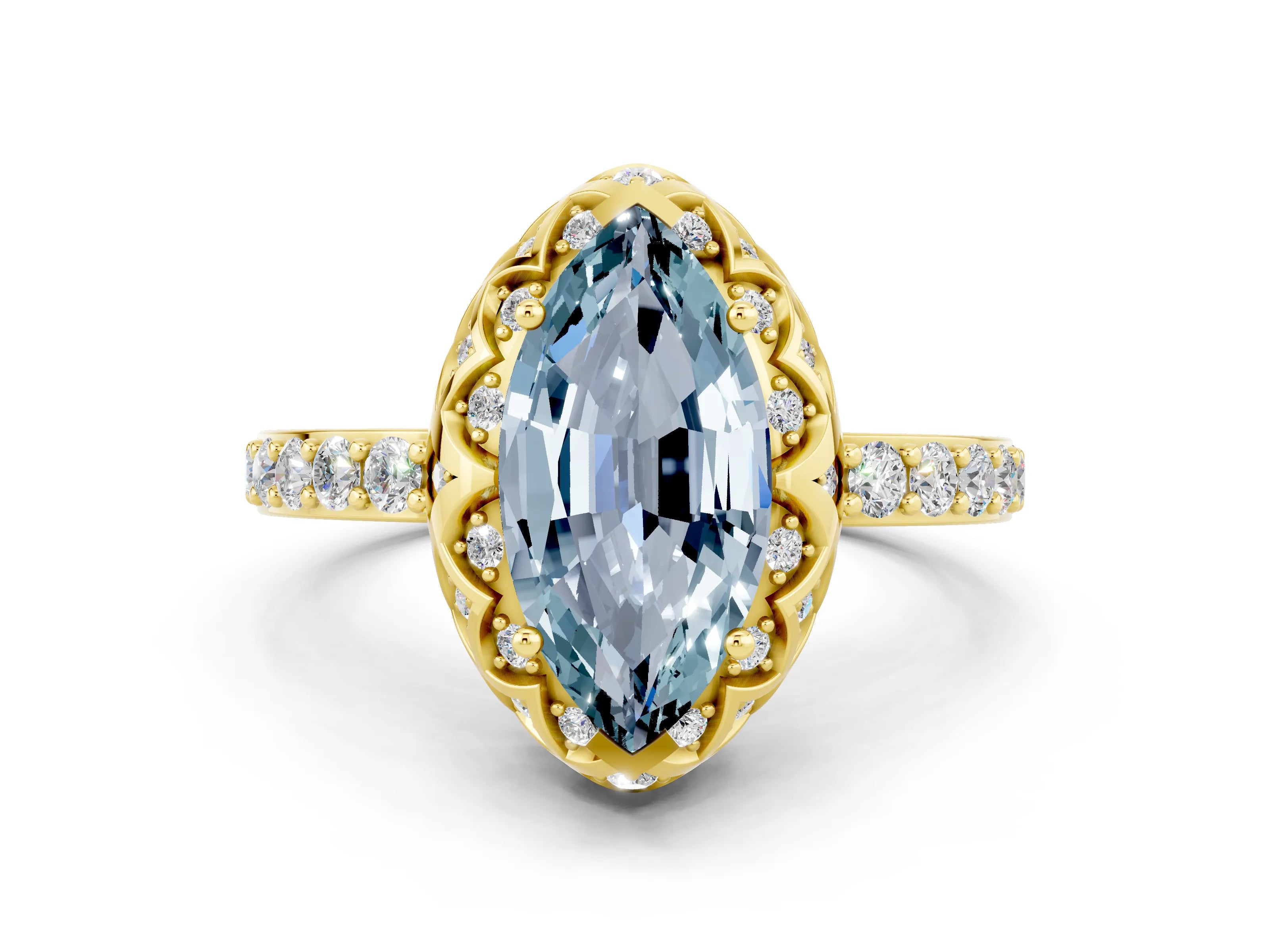 Yellow gold Marquise Cut Diamond Solitaire Ring with Shared Prong Pavé Band