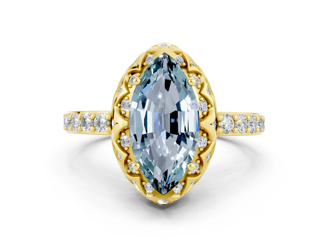 Yellow gold Marquise Cut Diamond Solitaire Ring with Shared Prong Pavé Band