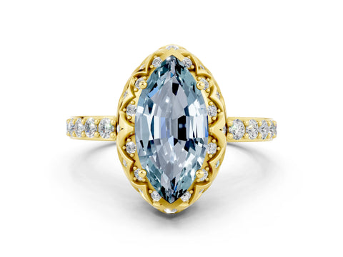 Yellow gold Marquise Cut Diamond Solitaire Ring with Shared Prong Pavé Band