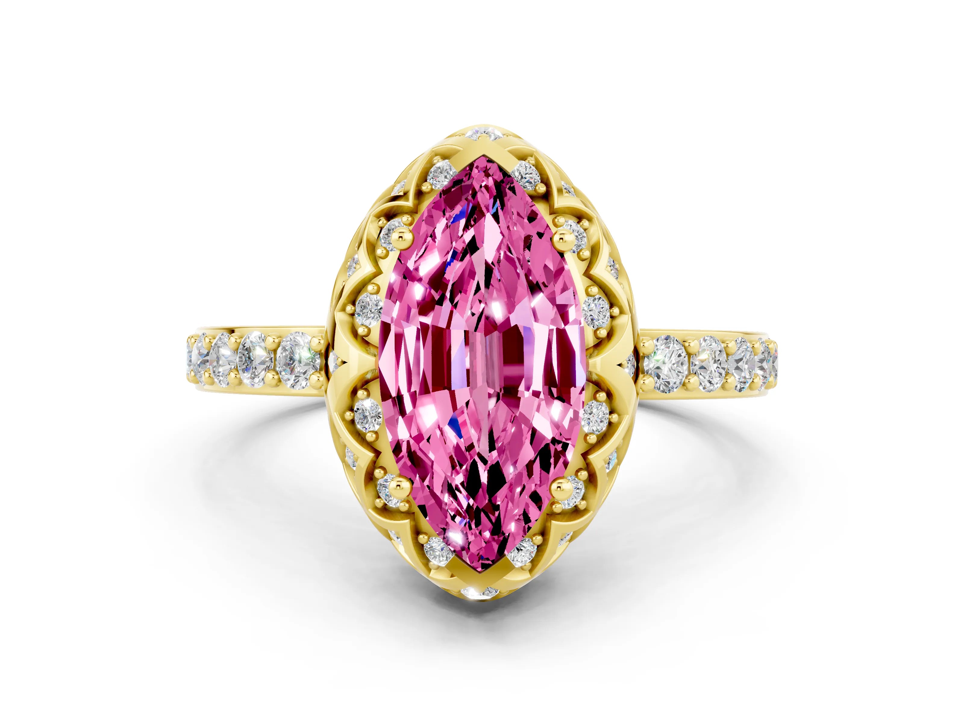 Yellow gold Marquise Cut Diamond Solitaire Ring with Shared Prong Pavé Band
