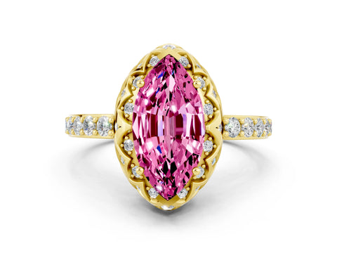 Yellow gold Marquise Cut Diamond Solitaire Ring with Shared Prong Pavé Band