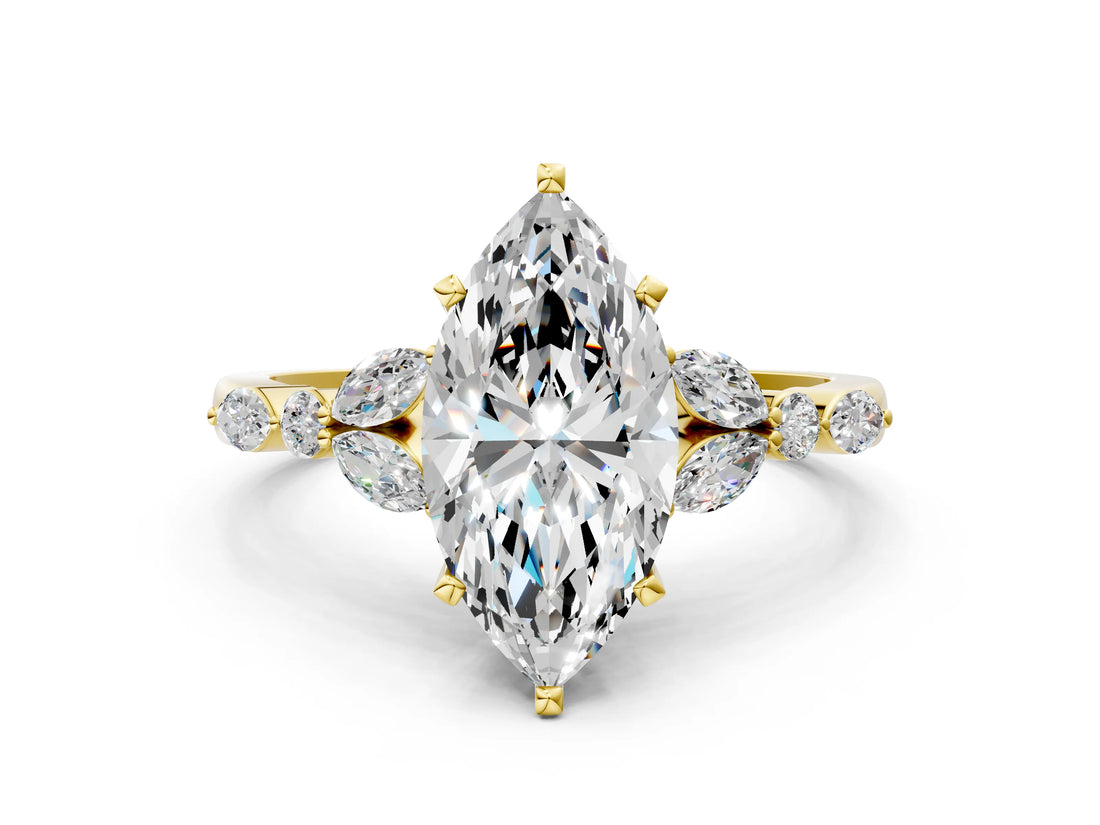 Yellow gold Marquise Cut Diamond Solitaire Ring with Side Stones and Four-Prong Setting_103