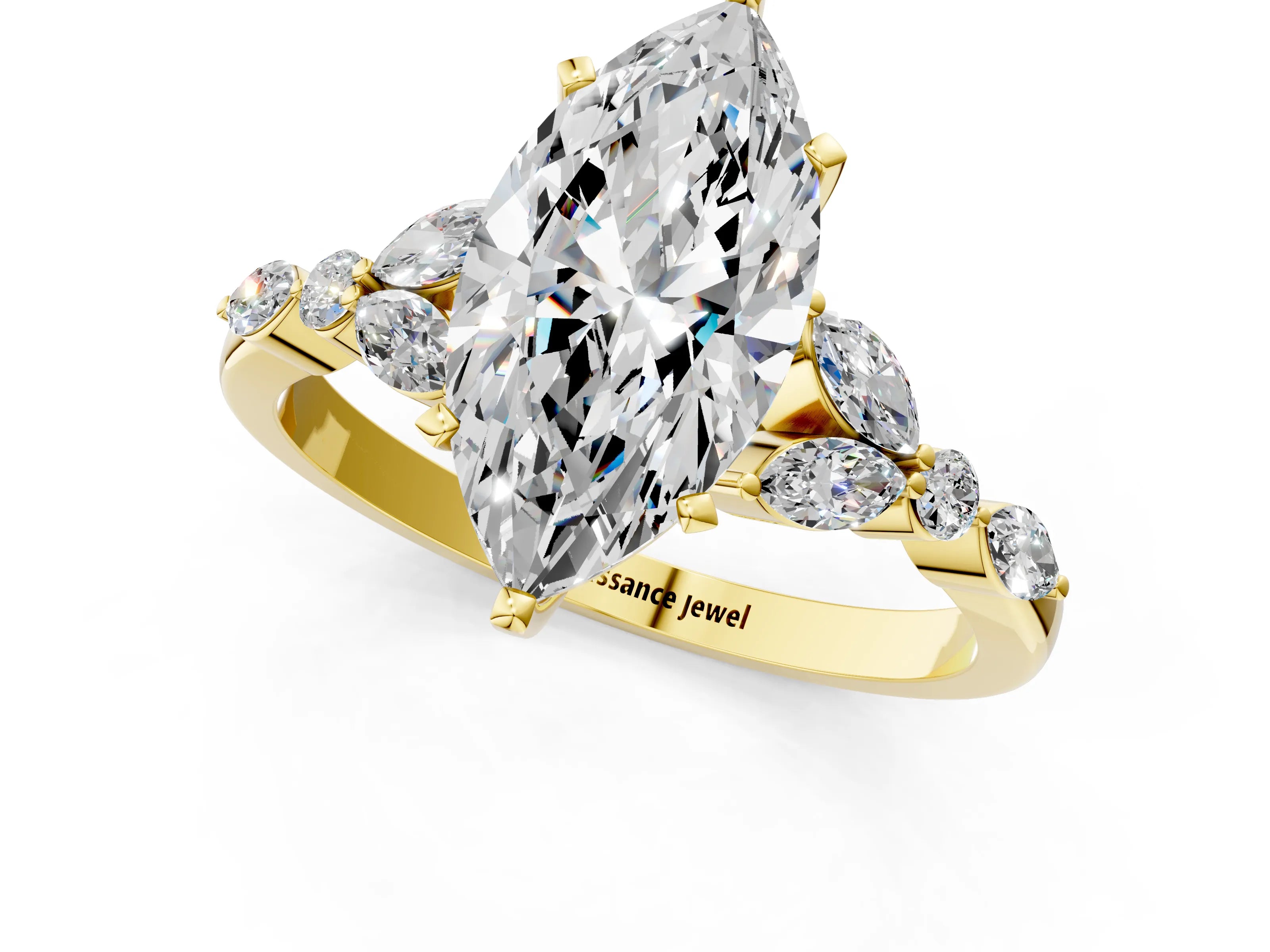 Yellow gold Marquise Cut Diamond Solitaire Ring with Side Stones and Four-Prong Setting_104