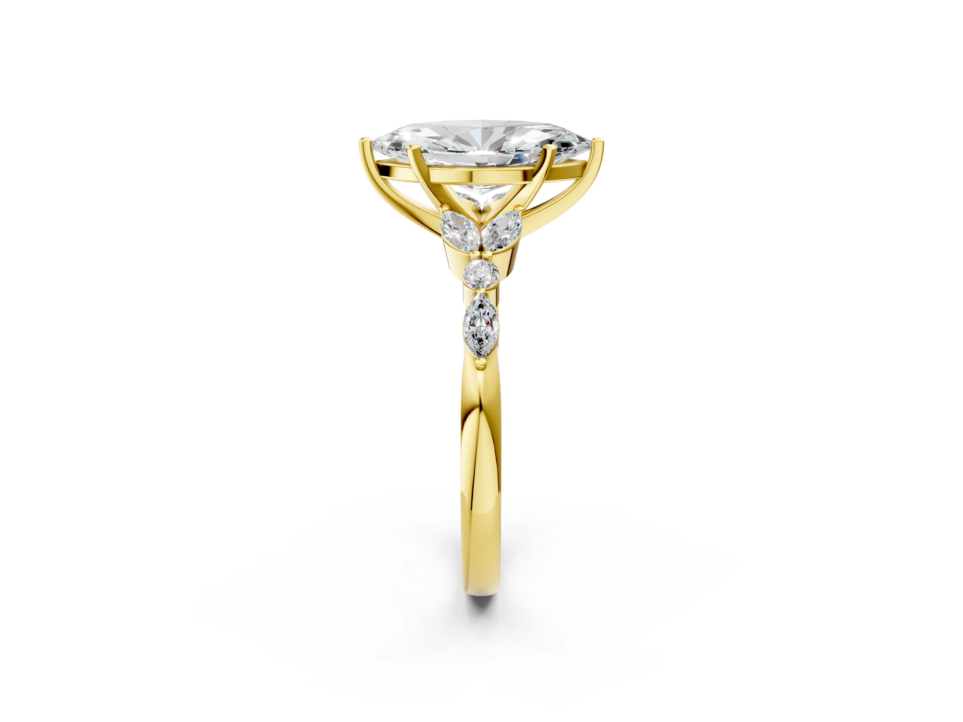 Yellow gold Marquise Cut Diamond Solitaire Ring with Side Stones and Four-Prong Setting_105