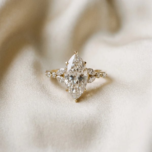 Yellow Gold Marquise Engagement Ring Setting with Angled Marquise Pairs and Spaced Accents