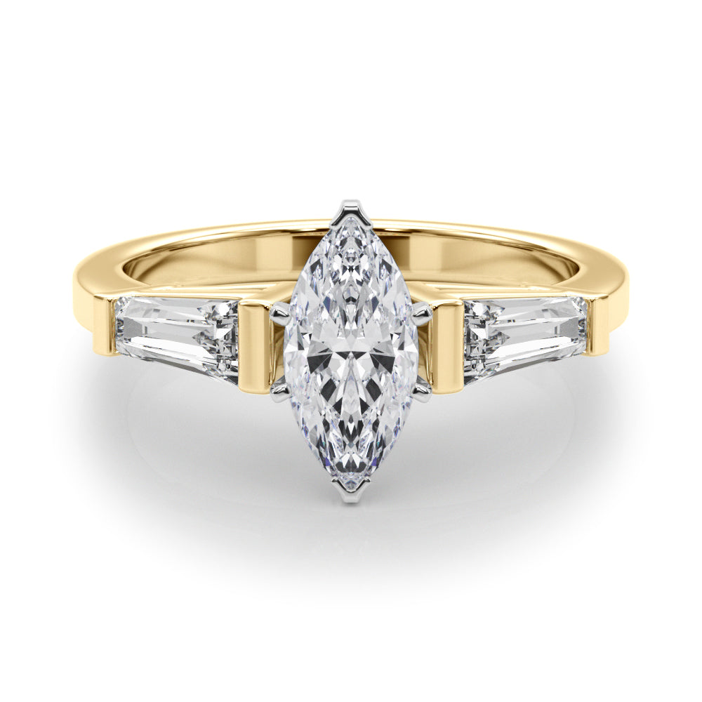 Yellow gold Marquise Cut Diamond Solitaire Ring with Tapered Baguette Accents and Four-Prong Setting 1