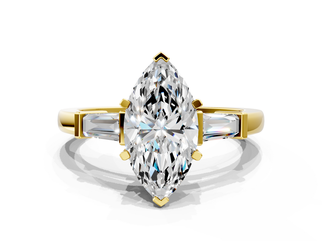 Yellow gold Marquise Cut Diamond Solitaire Ring with Tapered Baguette Accents and Four-Prong Setting_79