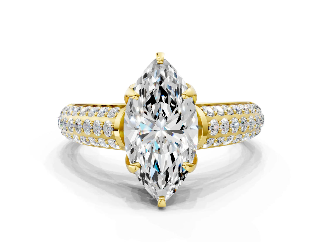 Yellow gold Marquise Cut Diamond Solitaire Ring with Three-Row Pavé Band and Four-Prong Setting_49