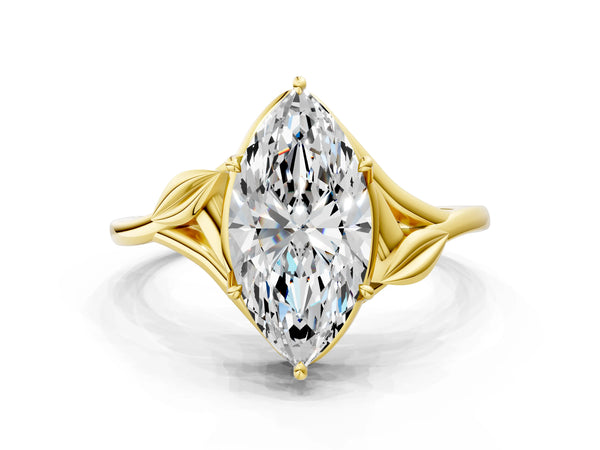 Yellow gold Marquise Cut Diamond Solitaire Ring with Twist Band and Four-Prong Setting