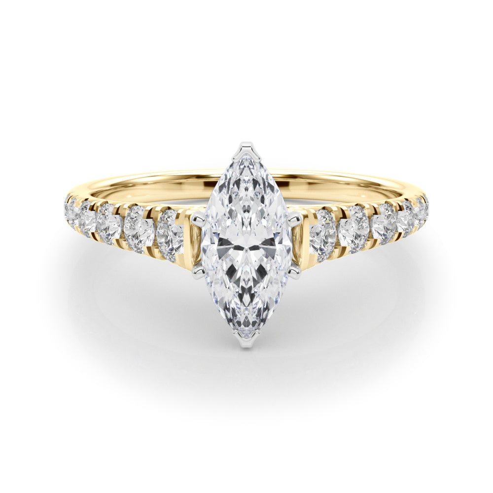 Yellow gold Marquise Cut Diamond Solitaire with Pave Band and Four-Prong Setting 1