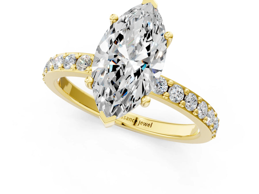Yellow gold Marquise Cut Diamond Solitaire with Pave Band and Four-Prong Setting