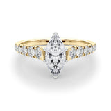 14K Yellow Gold 2.56 Carat F VS1 Marquise Cut Diamond Solitaire with Pave Band and Four-Prong Setting