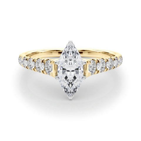 Yellow gold Marquise Cut Diamond Solitaire with Pave Band and Four-Prong Setting 1
