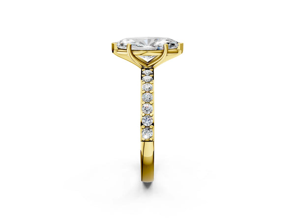 Yellow gold Marquise Cut Diamond Solitaire with Pave Band and Four-Prong Setting