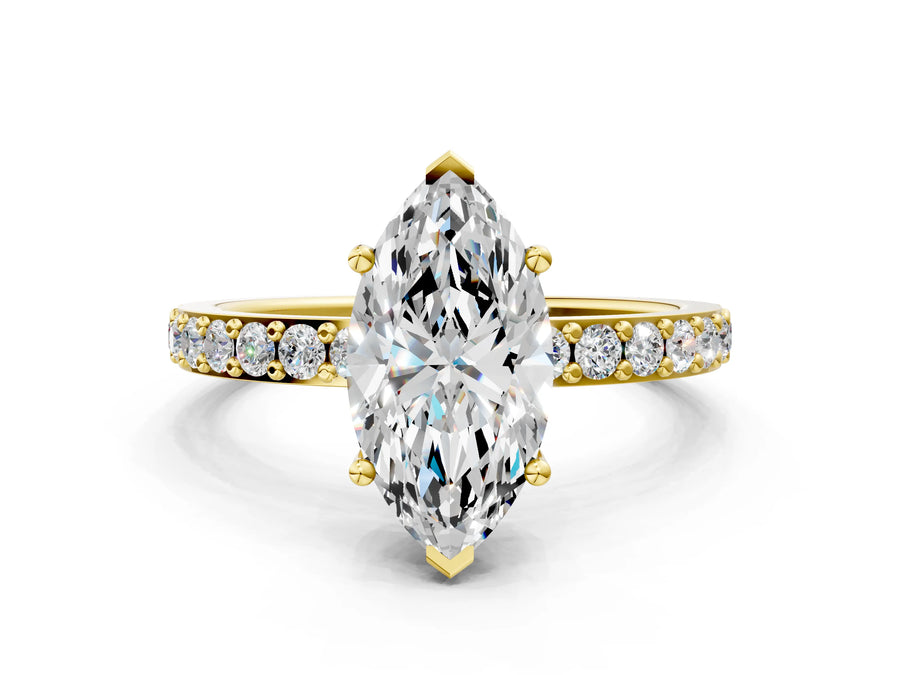 Yellow gold Marquise Cut Diamond Solitaire with Pave Band and Four-Prong Setting
